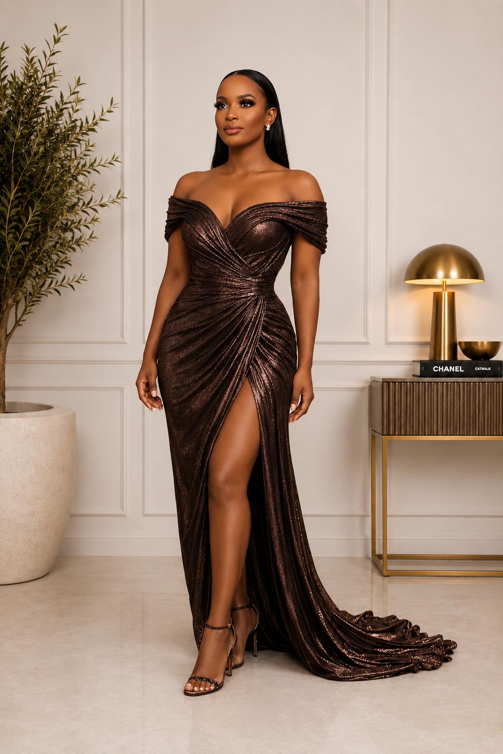 Bronze Éclat Draped Evening Gown