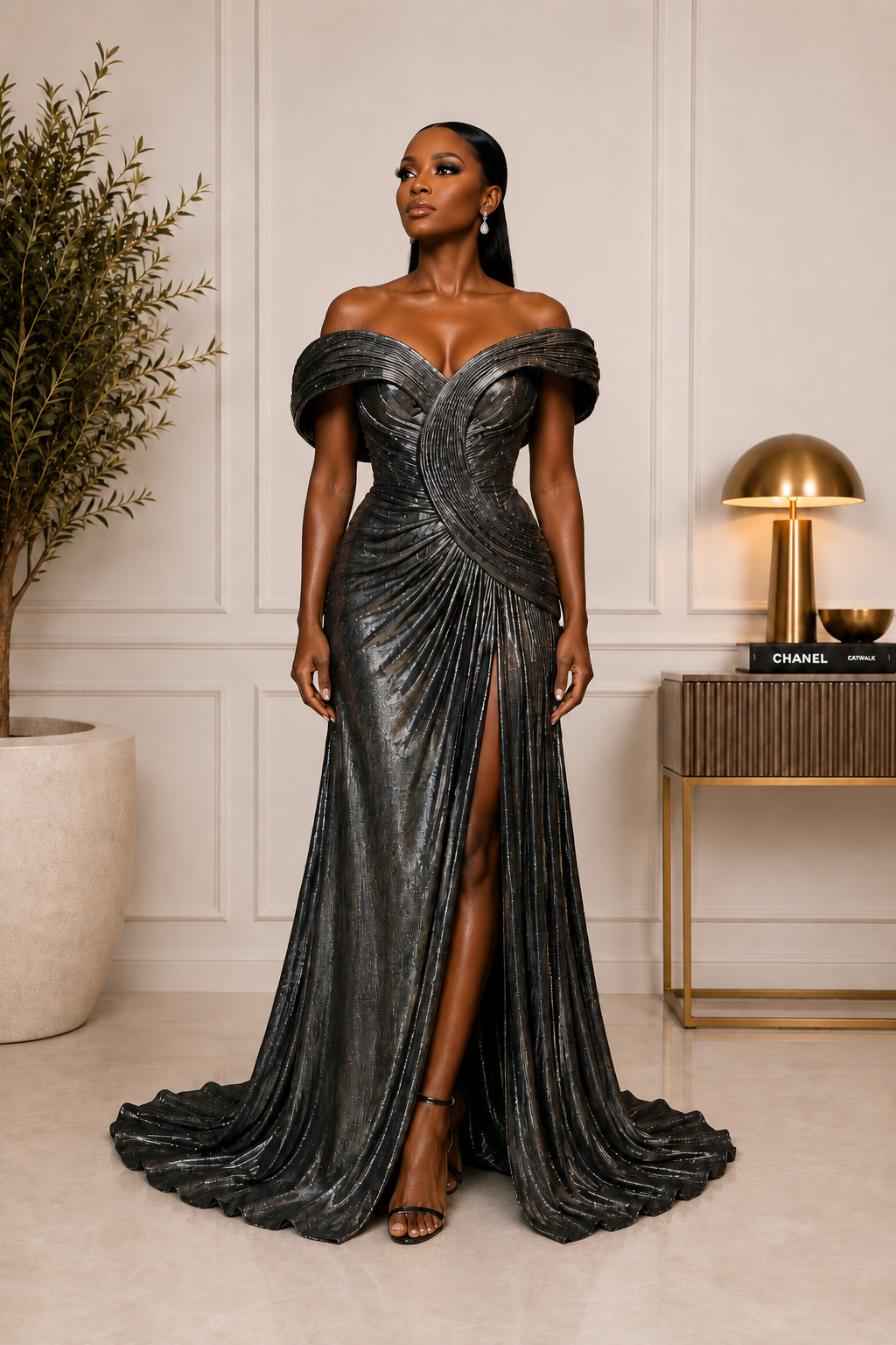 Graphite Luxe Draped Gown