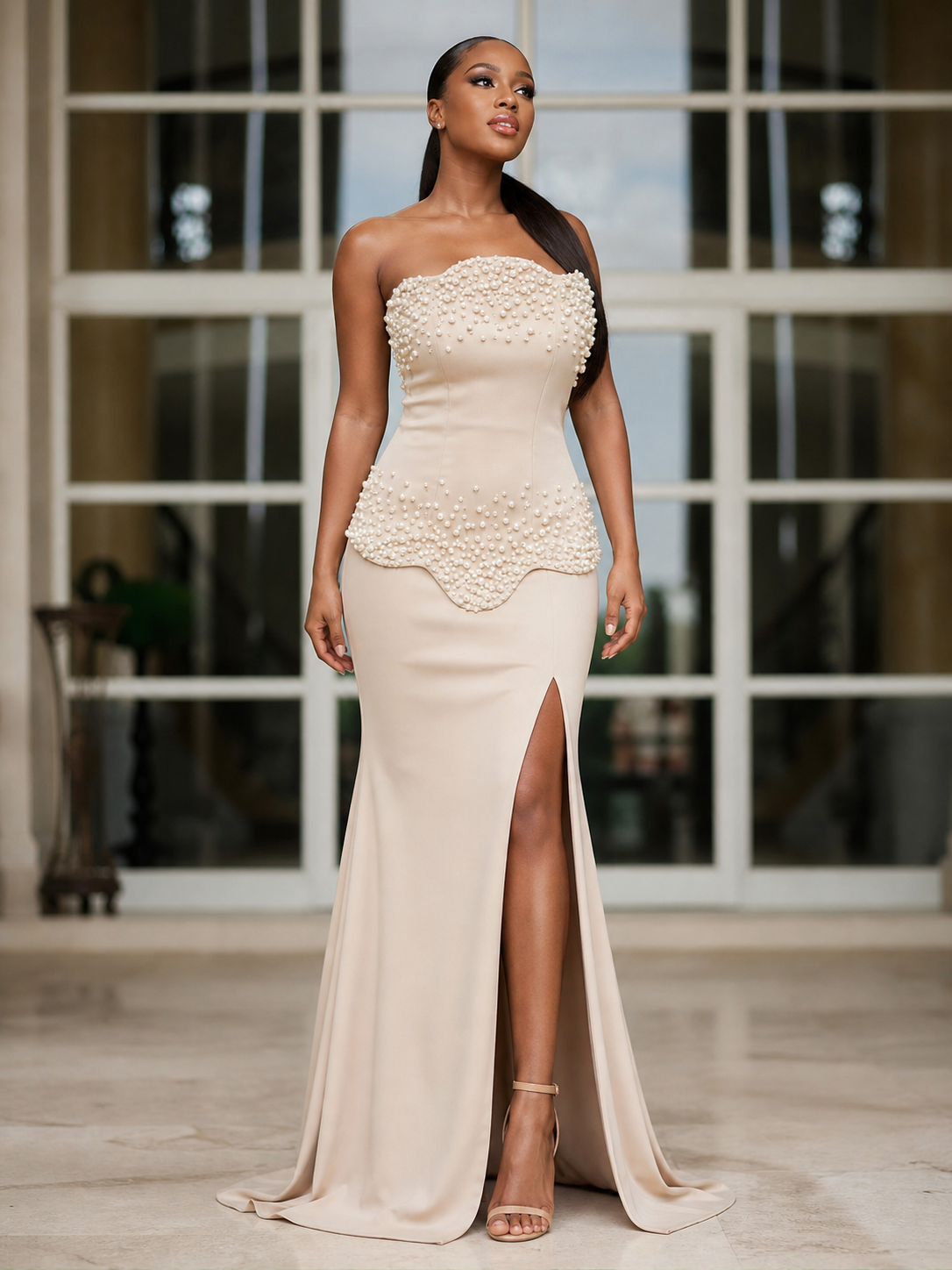 Nude Pearl Corset Gown with a Front Slit