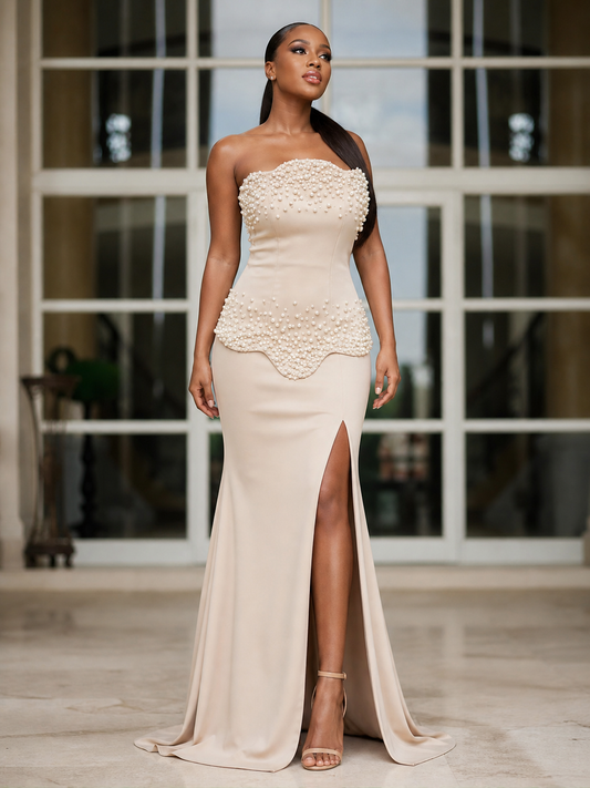 Nude Pearl Corset Gown with a Front Slit