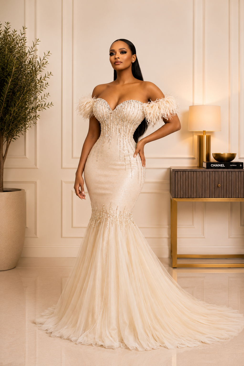 Ivory Étoile Feather Mermaid Gown