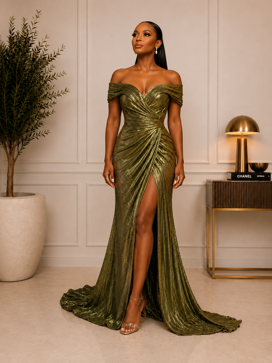 Olive Luxe Draped Gown