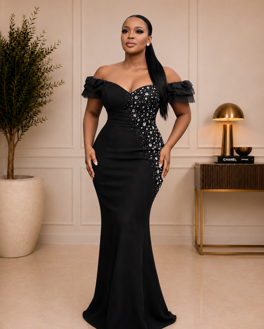 Black Off-Shoulder Embellished Gown