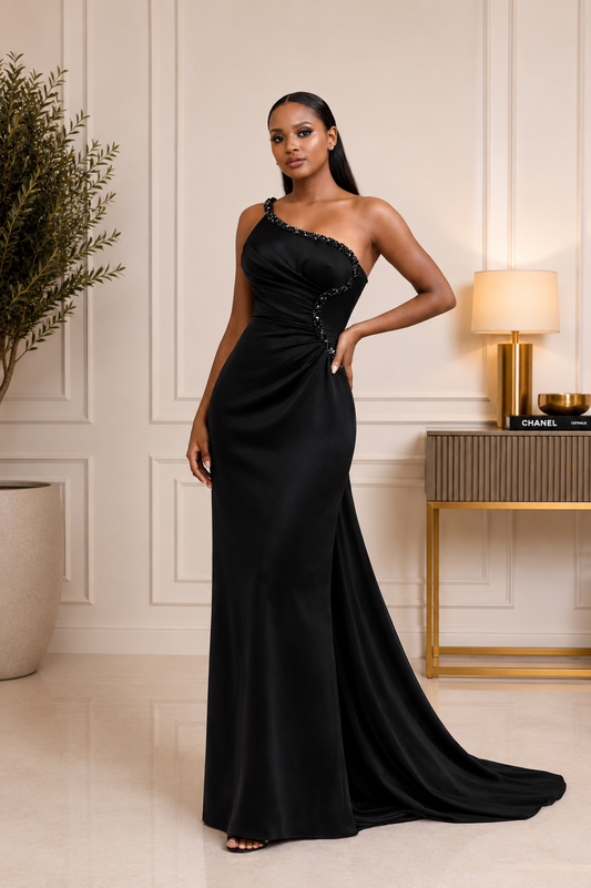 Black One-Shoulder Beaded Draped Evening Gown