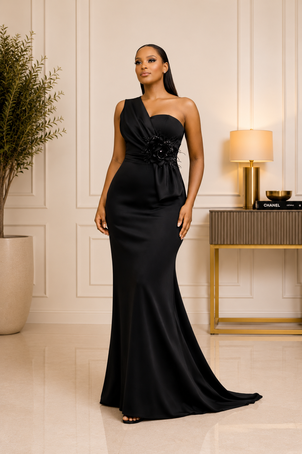 Black One-Shoulder Floral Appliqué Gown