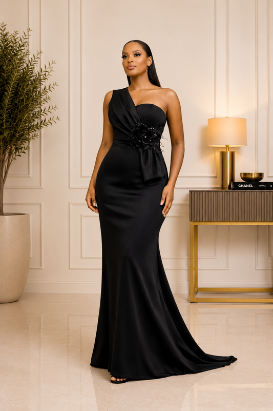 Black One-Shoulder Floral Appliqué Gown